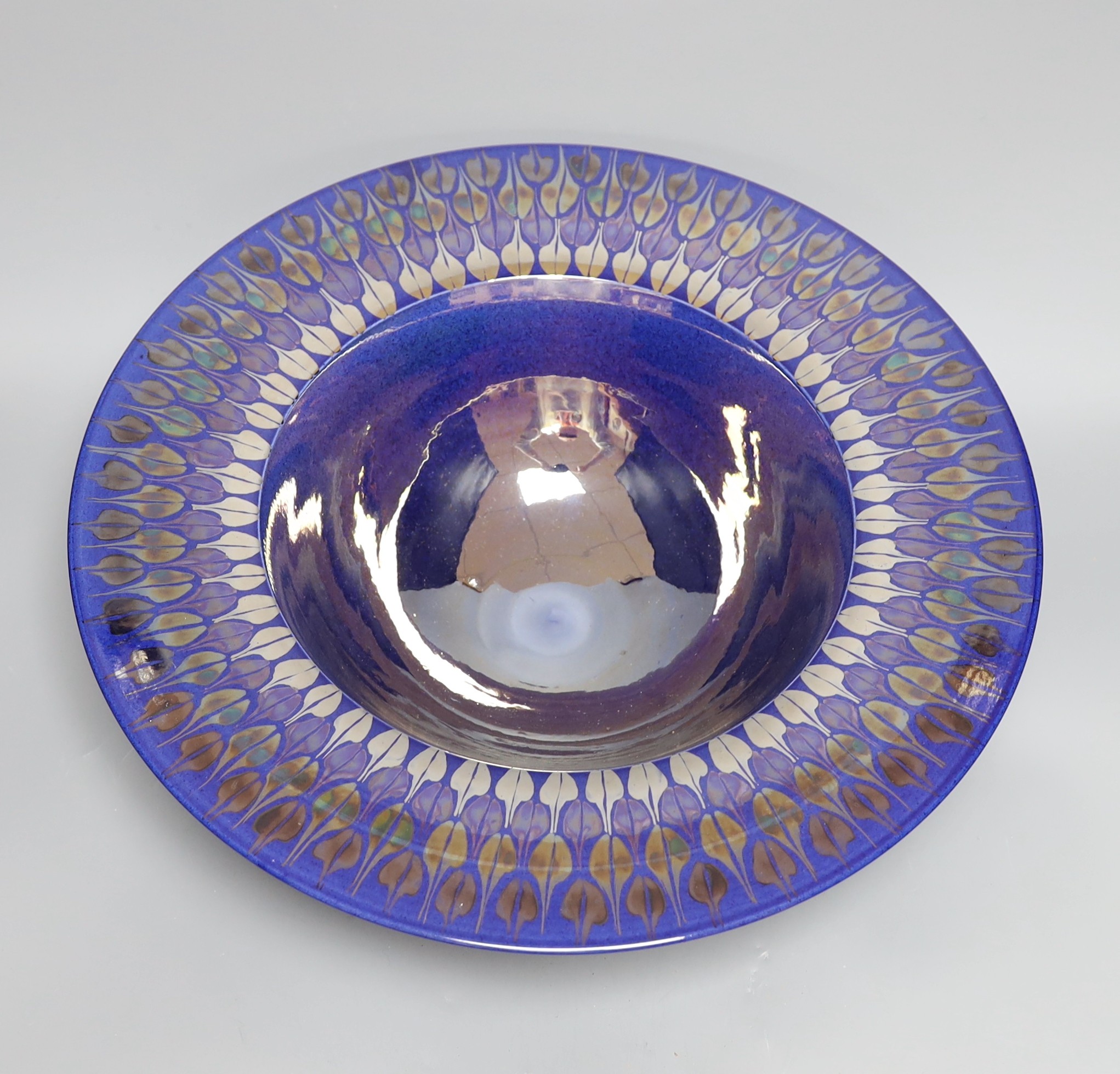 A Tobias Harrison Cumbrian studio pottery blue lustre glazed centre piece bowl, 43 cms diameter